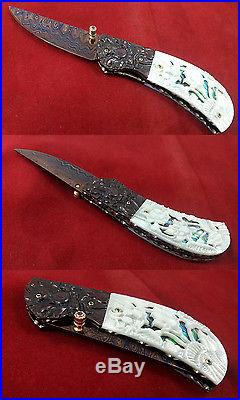 7 Suchat Custom Folding Knife Damascus Steel Engraving white Pearl Titanium Art