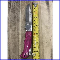 7 inch Damascus Steel Folding Knife Pink Handle Tactical Camping Pocket Blade