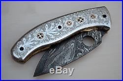 8.0 Hand Made Damascus Pocket Hand Engraved Folding Knife Liner Lock Uk-699