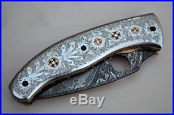 8.0 Hand Made Damascus Pocket Hand Engraved Folding Knife Liner Lock Uk-699