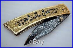 8.0 Hand Made Damascus Pocket Hand Engraved Folding Knife Liner Lock Uk-719