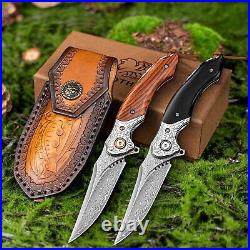 8'' Black VG10 Damascus Steel Outdoor Tactical Pocket Folding Knife with Sheath