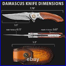 8'' Brown VG10 Damascus Steel Outdoor Tactical Pocket Folding Knife with Sheath