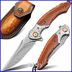 8'' Brown VG10 Damascus Steel Outdoor Tactical Pocket Folding Knife with Sheath