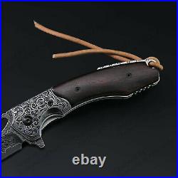 8 Damascus Folding Knife Assisted Open Ebony Wood Handle Liner Lock 60HRC