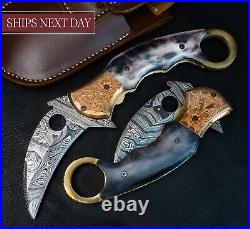 8'' Hand Forged Real Bone Handle Damascus Folding Pocket Knife Hunting Gift