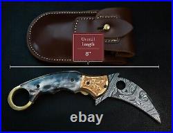 8'' Hand Forged Real Bone Handle Damascus Folding Pocket Knife Hunting Gift