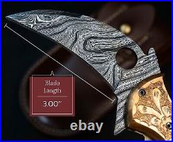 8'' Hand Forged Real Bone Handle Damascus Folding Pocket Knife Hunting Gift