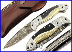 8 Handmade Damascus Steel Folding Knife Engraved Bull Horn Brass Handle