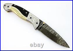 8 Handmade Damascus Steel Folding Knife Engraved Bull Horn Brass Handle