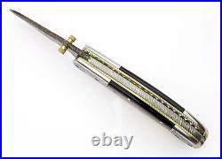 8 Handmade Damascus Steel Folding Knife Engraved Bull Horn Brass Handle