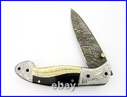 8 Handmade Damascus Steel Folding Knife Engraved Bull Horn Brass Handle