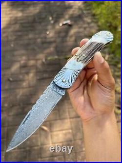 85 Layers Damascus Steel Folding Knife Pocket Knife Bone Horn Handle with Sheath