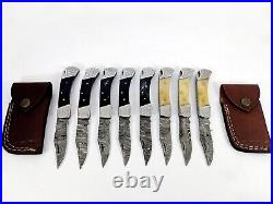 8pcs Custom Hand Forged DAMASCUS STEEL Hunting EDC Cleaver Folding Knife+ Sheath