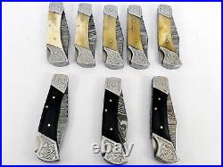 8pcs Custom Hand Forged Damascus Steel Hunting EDC Cleaver Folding Knife+ Sheath
