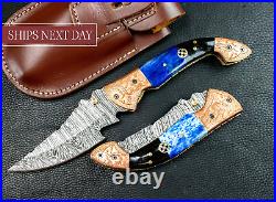 9'' Real Horn Handle Damascus Pocket Knife Handmade Damascus Bone Pocket Knife