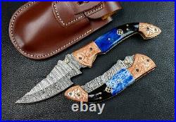 9'' Real Horn Handle Damascus Pocket Knife Handmade Damascus Bone Pocket Knife