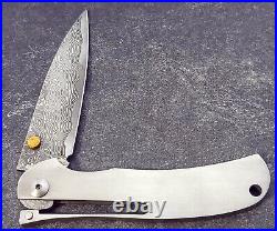 A. G. RUSSELL Knife One Hand Damascus Blade Smooth Stainless Steel Handles MINT