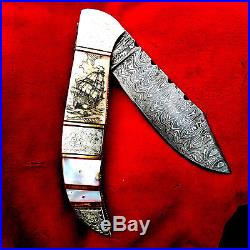A Shar Original Nautical Scrimshaw Art, Damascus Blade Handcrafted folding knife