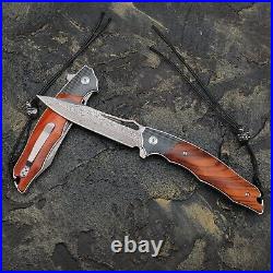 ANTIQUE VG10 Damascus Steel Tactical Folding Wood Clip Handle Knife Hunting Tool