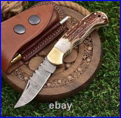 Ab Cutlery Custom Handmade Damascus Folding Knife Handle Brass And Stag Antler