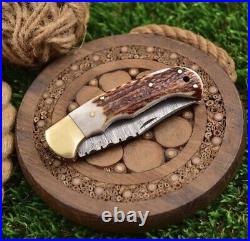 Ab Cutlery Custom Handmade Damascus Folding Knife Handle Brass And Stag Antler