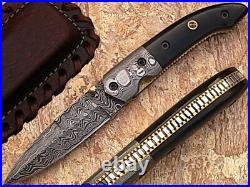 AishaTech Damascus Steel Blade Folding Knife water buffalo horn Handle. AT-1210