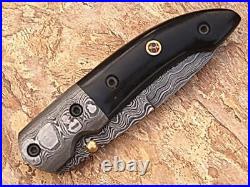 AishaTech Damascus Steel Blade Folding Knife water buffalo horn Handle. AT-1210