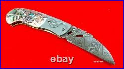 Alabama Damascus Steel Custom Folding Knife Handle Carving Pearl Shell Rare Art