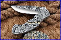 Amazing custom hand made stainless steel folding pocket knife Hand Engraved