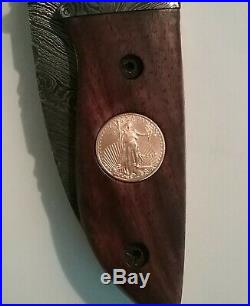 American Handmade Damascus Folding Knife inlaid with 1/10oz Gold American Eagle
