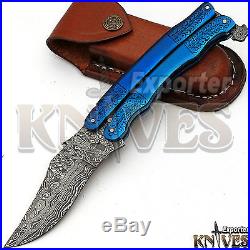 Andy Alm Custom Made USA Damascus Steel Folding Knife Engraved Steel Handle F-63