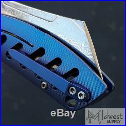 Artisan Cutlery Tomahawk Folding Knife 3 Damascus Blade, Blue Titanium Handle