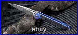 Artisan Small Archaeo Folding Knife 3 Damascus Steel Blue Titanium Handle