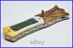 Ayothaya Custom Handmade Folding Knife Mosaic Damascus Jade Gold Pearl Carve 24K