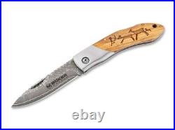 BOKER MAGNUM Caveman Damascus Folding Knife 3.23 Blade Wood Handle 01RY818DAM