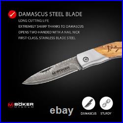 BOKER MAGNUM Caveman Damascus Folding Knife 3.23 Blade Wood Handle 01RY818DAM