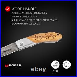 BOKER MAGNUM Caveman Damascus Folding Knife 3.23 Blade Wood Handle 01RY818DAM
