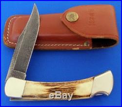 BUCK 110 X USA DAMASCUS PRIME STAG Folding Hunter Lockback Knife 1990 withSheath