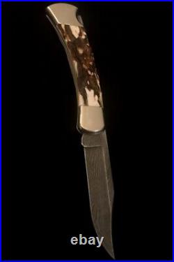 BUCK Damascus/Stag Folding Hunter Knife -110DM -110 -NEW