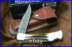 BUCK KNIFE 110 FOLDING HUNTER VINTAGE STAG & DAMASCUS With SHEATH BOX PAPERS