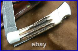 BUCK KNIFE 110 FOLDING HUNTER VINTAGE STAG & DAMASCUS With SHEATH BOX PAPERS
