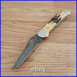 Bear & Son Cowhand Lock Folding Knife 3.38 Damascus Steel Blade Stag Bone Handle