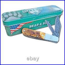 Bear & Son Cutlery USA Knives Genuine Stag Damascus Baby Barlow Knife 600 Made