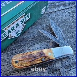 Bear & Son Cutlery USA Knives Genuine Stag Damascus Baby Barlow Knife 600 Made