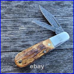 Bear & Son Cutlery USA Knives Genuine Stag Damascus Baby Barlow Knife 600 Made