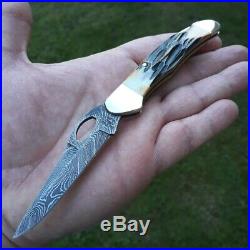 Bear & Son Lockback Folding Knife 2.75 Damascus Blade India Stag Bone Handle