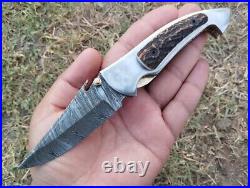 Beautiful Custom Handmade Damascus Steel Hunting Folding Knife Stag Horn Handle