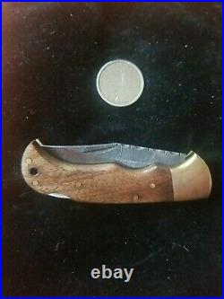 Beautiful Handmade Damascus Walnut Folding Knife Handmade! Leather Sheath