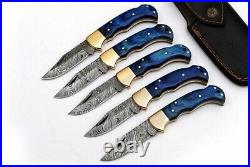Best Lot Of 5 Handmade Damascus Steel Folding Knives With Leather Sheath